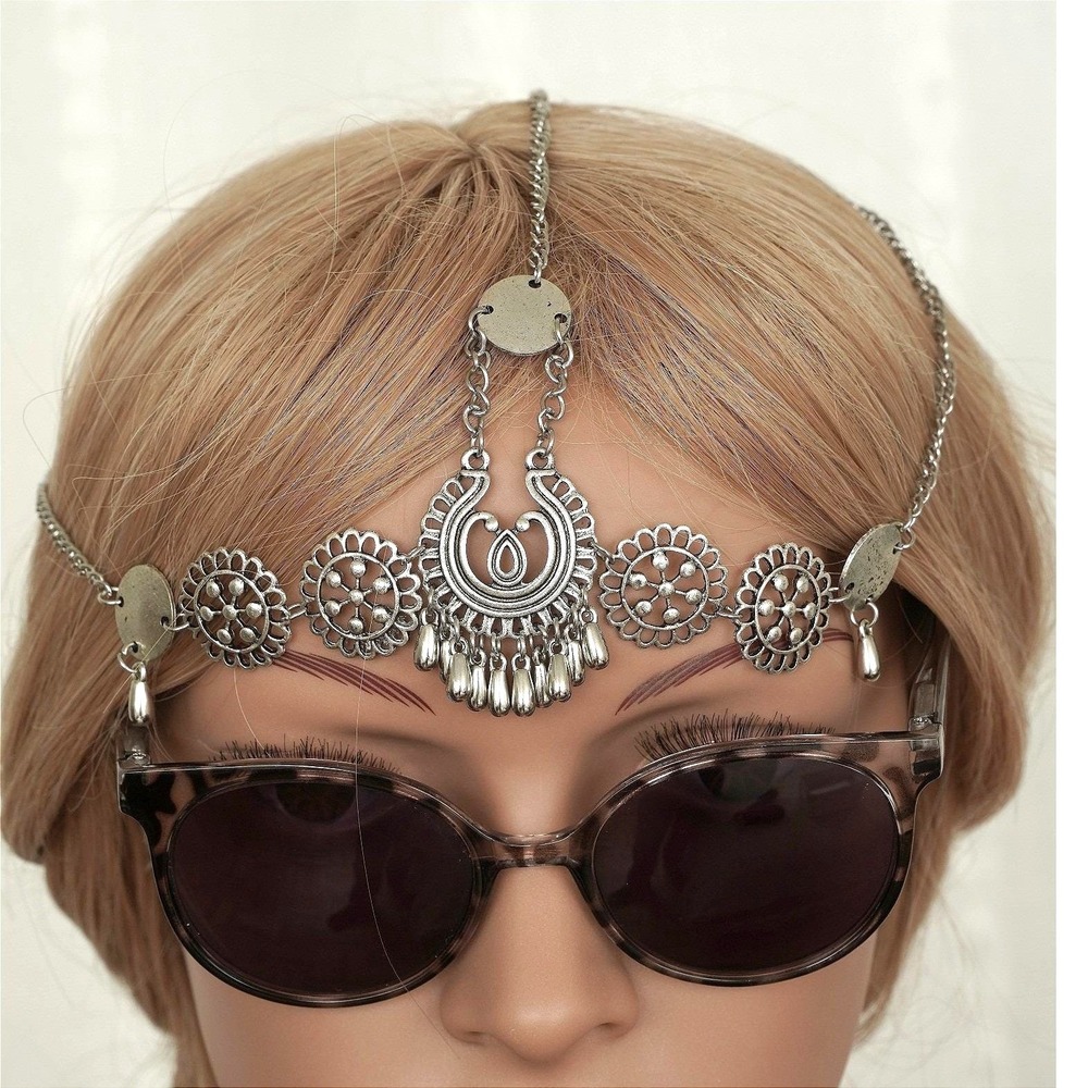 Boho Silver Tone Filigree Floral Head Chain Jewelry Festival Forehead‎ Piece - Picture 5 of 5